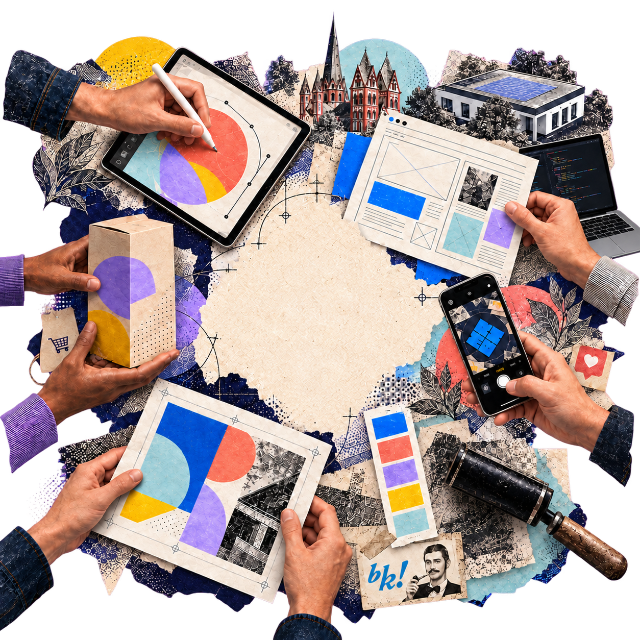Collage aus Gestaltung, Webentwicklung und Agenturalltag.