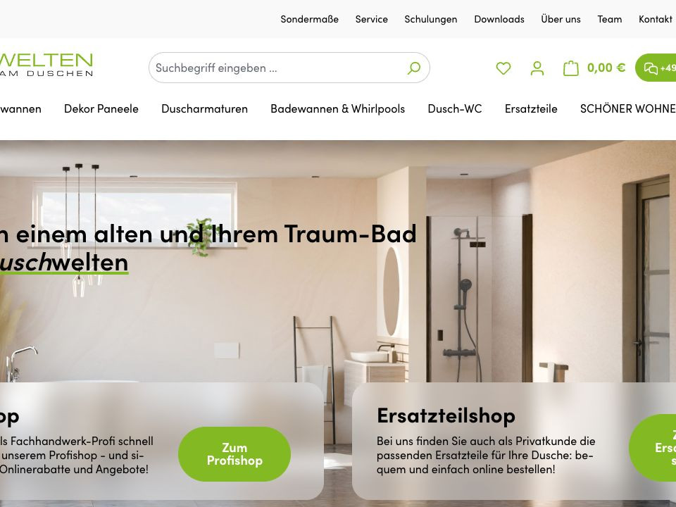 Duschwelten: Startseite mit Profishop und Ersatzteilshop.
