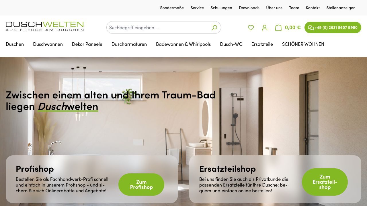 Duschwelten: Startseite mit Profishop und Ersatzteilshop.